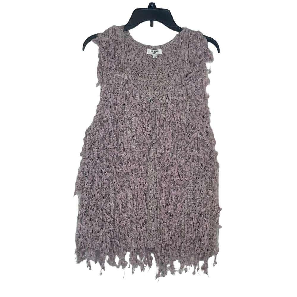 Umgee Women's Cardigan Wrap Shaggy Open Front Fringe Vest Sleeveless Grey Large